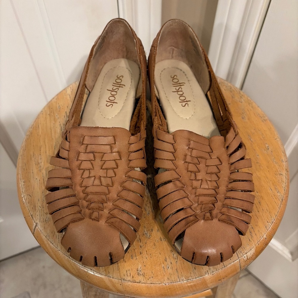 Softspots Womens Huarache Woven Flat Shoes Cognac Brown 8 M Leather Comfort